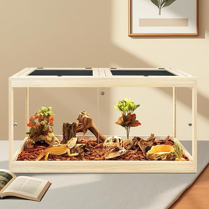 PROLEE Reptile Tank, 65 Gallon Beard Dragon Tank, Tempered Glass Reptile Encloure and Snake Tank with Locking Design for Lizard,Gecko,Chameleon (40"X19.5"X19.5",Oak)