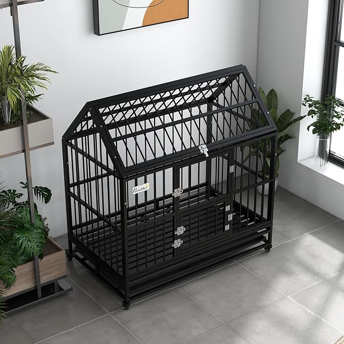 PawHut 48" Heavy Duty Dog Crate, Strong Steel Large Dog Crate with 4 Lockable Wheels, Double Doors, Openable Top and Removable Tray, for Extra Large and Large Breeds, Black