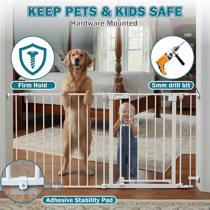 Mumeasy 80" Extra Wide Baby Gate for Doorways, Stairs & Fireplace, Auto Close Dog & Pet Gate with Walk Thru Door, 3 Metal Panels, Hardware Mounted Child Safety Fence for House, Indoor/Outdoor, White