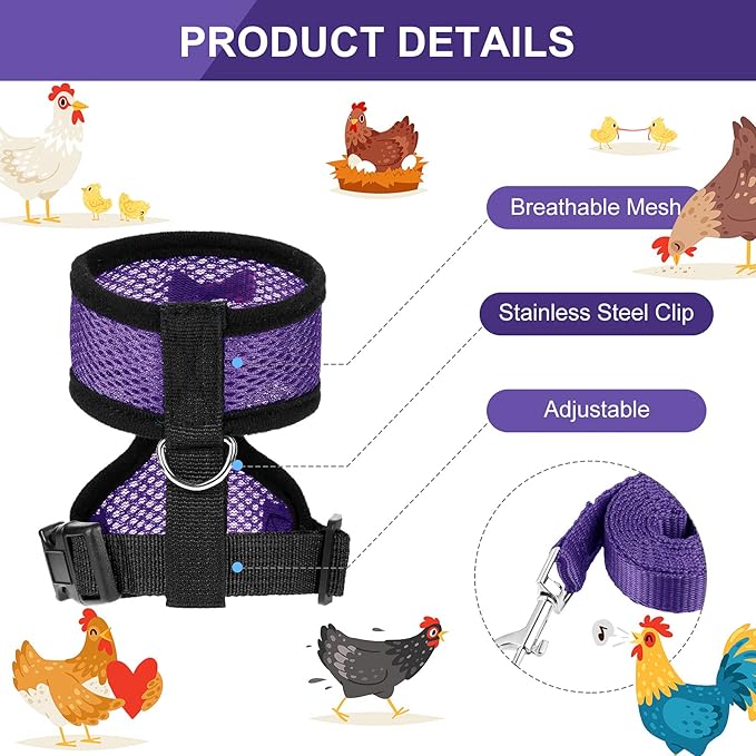 Boao 3Pieces Adjustable Chicken Harness and Leash Set Spring Summer Breathable Comfortable Elastic Hen Vest Breathable Harness for Hens Duck Goose Pet Training Walking Supplies(M,Blue, Black, Purple)