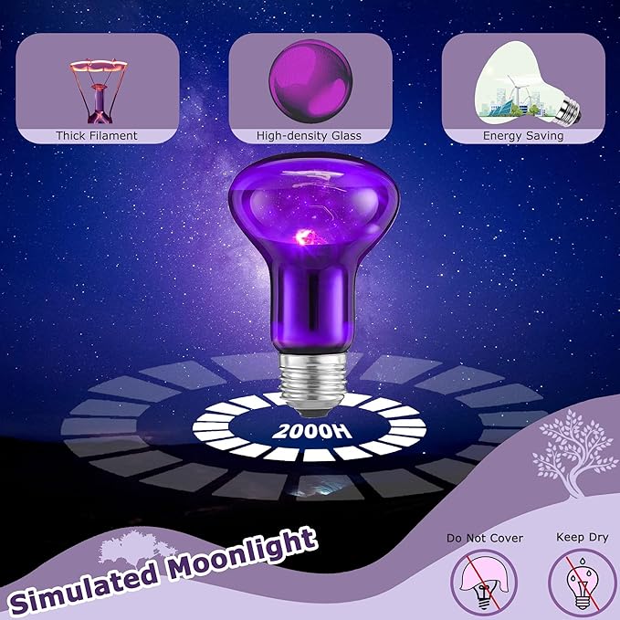 75W Reptile Night Light Bulb – Purple Basking Spot Lamp with Simulated Moonlight for Lizards, Chameleons, Snakes, Turtles, Amphibians – UVA Heat Light – 2 Pack | 3.2"