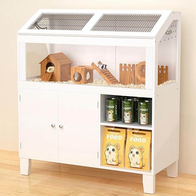 Hamster Cage with Storage Cabinet, Hamster Cage Large, Large Hamster Habitat with Easy View Acrylic Panels, Wooden Small Animal Cages for Guinea Pigs, Rabbits, Gerbils, Hedgehogs, White