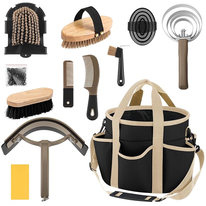 Abbylike 12 Pieces Horse Grooming Kit with Organizer Tote Bag Tack Room Supplies Horse Brush Sets Equine Care Cleaning Kit Shedding Grooming Massaging Tools(Black and Dark Grey)