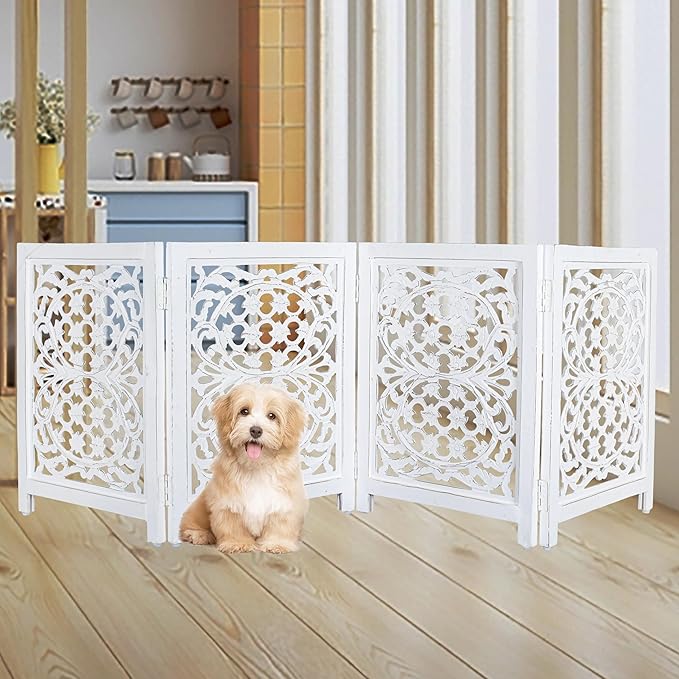 Lightnpro Foldable Carved Wooden Dog Gate with Stopper - Freestanding Indoor Pet Barrier for Home, Adjustable Dog Fence for Stairs, Doorways & Hallways - 24x18 Inch (4 Panels) Antique White