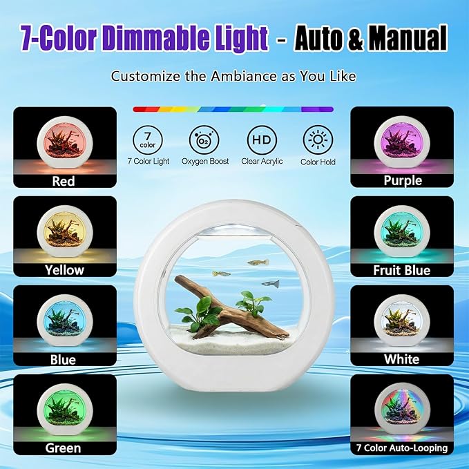 1.5 Gallon Fish Tank Kit with 7-Color LED & Quiet Filter, HD Glass Desktop Aquarium Starter Kits for Betta, Self-Cleaning Small Fish Tank for Home Office, Ideal for Kids & Beginners