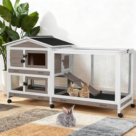 62″ 2-Story Large Rabbit Hutch with Chew-Proof Ramp, 3 Leakproof Trays, Waterproof Roof, 6 Lockable Wheels for Rabbits & Guinea Pigs (Brown)
