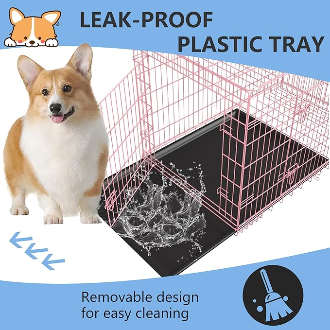 FDW 30 inch Dog Crate Dog Kennel Cage with Double Door Folding Metal Wire Dog Cage with Removable Tray&Divider Panel,Pet Crate for Medium Dogs,Pink