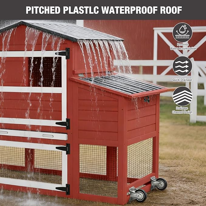 80’’ Chicken Coop with Wheels, Outdoor Wooden Chicken House with Nesting Box, Poultry Chicken Cage with Weatherproof Roof and Leakproof Pull-on Tray, Large Chicken Coops with 2-4 Chickens (Red)