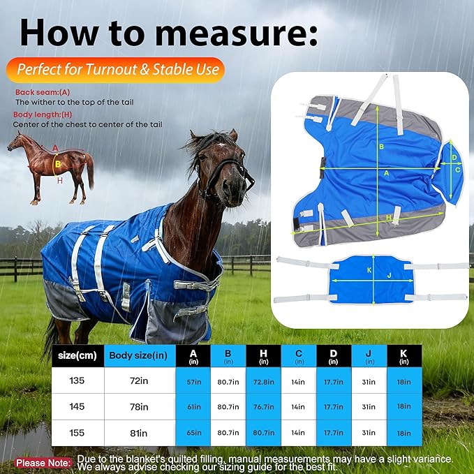 Winter Horse Blanket with Belly Band – Horse Blankets for Real Horses – Medium Weight Turnout Blanket - 1200D 260g – 72"