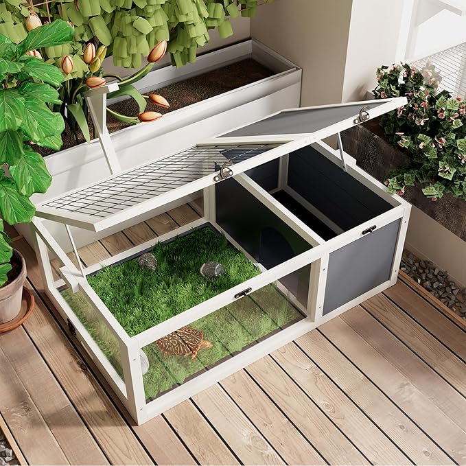 Turtle Habitat Enclosure, Large Wooden Tortoise House for Indoor and Outdoor Use, Reptile Enclosure with Openable Roof & Secure Locking System (White)