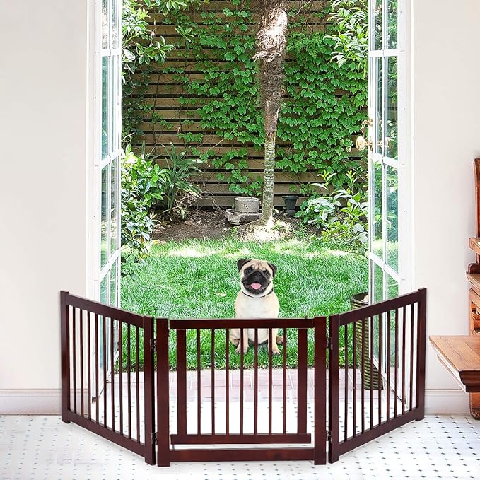 Giantex Freestanding Pet Gate with Door, 24inch 3 Panels Wooden Dog Gate with Walk Through Door, Foldable Pet Safety Puppy Fence Adjustable Pen for House Doorway Stairs