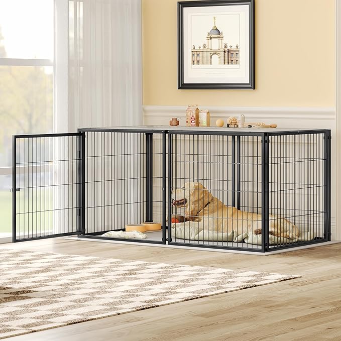 Rophefx Large Dog Crate, 63.7 Inch Metal Dog Pen Crates, Dog Kennels for Large Medium Dogs, Extra Large Dog Cage Indoor, Black(63.7" L x 31.7" W x 34.2" H)