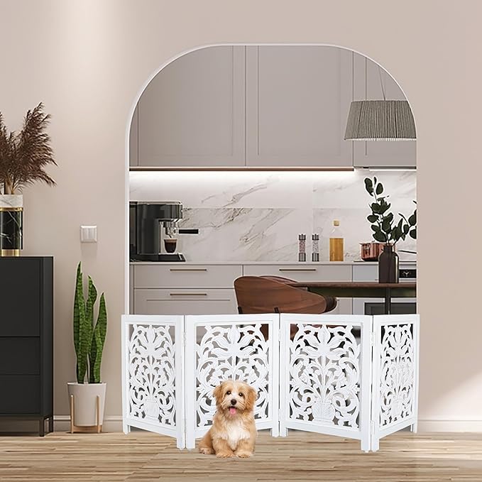 Lightnpro Wooden Dog Gate -Foldable Freestanding Pet Gate for Indoor Use, Adjustable Safety Barrier for Dog, Puppies & Small Pets, for Stairs & Doorways- 24" Height 18" Wide (4 Panel) Antique White