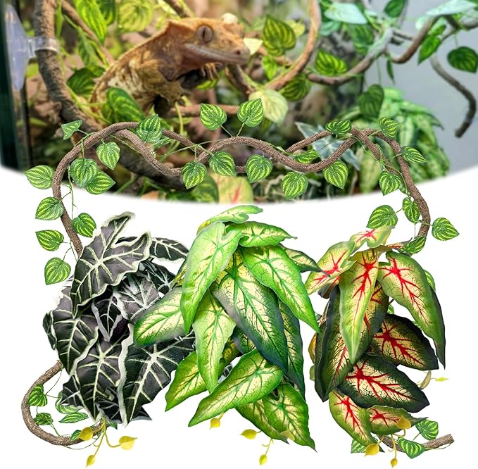 5 Pcs Reptile Plants & Habitat Decor Kit - 3 Artificial Plants & Large 3.3ft Jungle Vine Branch, TTerrarium Hanging Plants Vines for Crested Gecko, Leopard,Bearded Dragon, Lizard,Chameleon,Ball Python