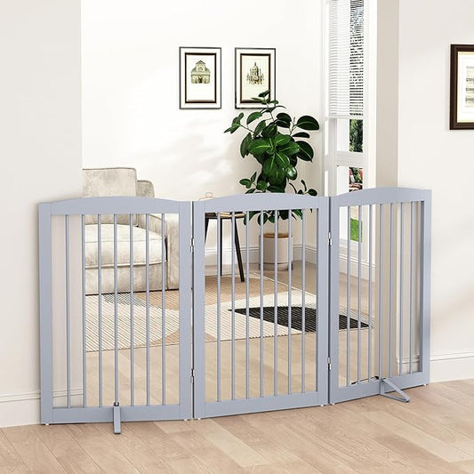PUPETPO Freestanding Pet Gate for Dogs, Foldable Wooden Dog Gate for House Indoor, Tall Pet Fence for Stair, Doorway,Hall, Support Feet Included, 3 Panels 32",Grey