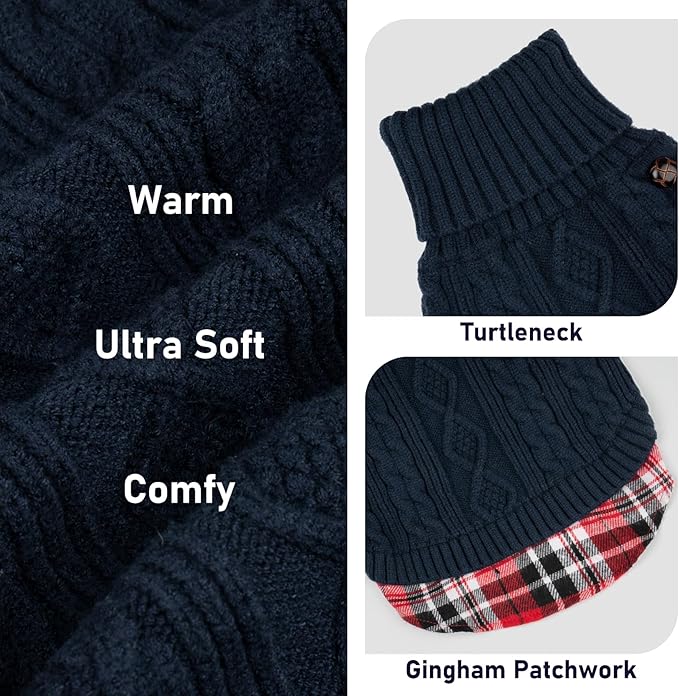 KYEESE Dog Sweater Warm Turtleneck Small Dogs Sweater with Gingham Patchwork Soft Pullover Dog Sweaters for Small Dogs Male Comfy Pet Coat for Fall Winter Cold Weather Stretchy Knitwear Cat Clothes