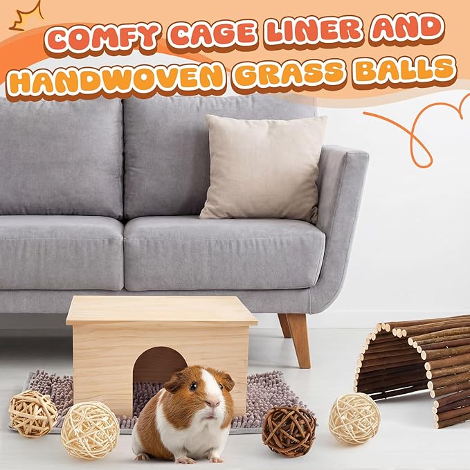 9 Pcs Wood House Guinea Pigs Hut Hideout with Rolling Chew Toys for Small Animals Accessories, Toys, and Supplies Guinea Pig Liner Washable Cage Liner Guineapig Habitat Cage Accessories