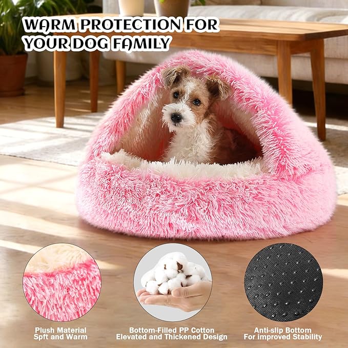 NOYAL Round Hooded Donut Dog Bed for Small & Medium Pets - Plush Fluffy Anti-Anxiety Cat Cave Bed with Cover