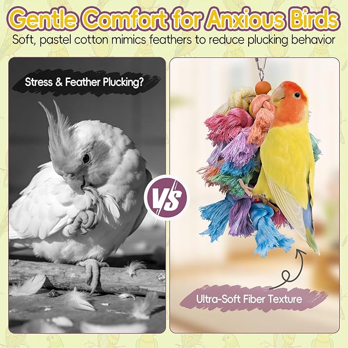 Bird Toys for Parrots - Natural Cotton Rope Preening Toy, Hanging Bird Toys for Cockatiels, Conures, Parakeets, Enrichment Parrot Toys for Beak & Feather Health