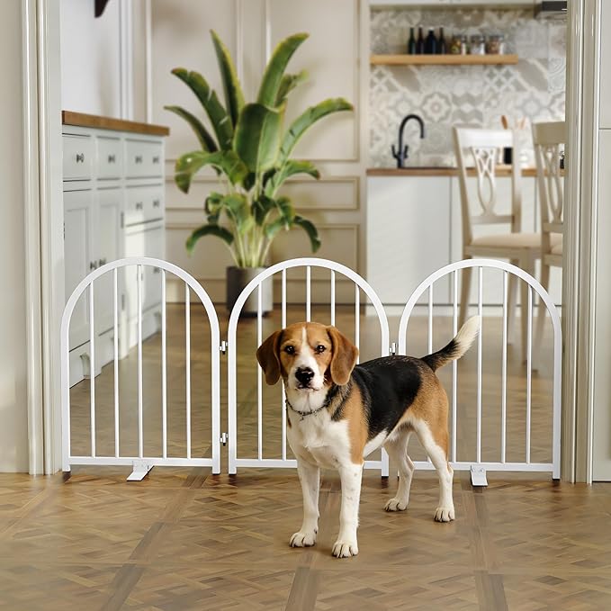 PUPETPO Full Metal Dog Gate for Indoor Outdoor, 24" Tall Free Standing Pet Dog Fence, 54" Wide Arched Pet Gates for Stairs, Hallways, Doorways, Kitchen, Decks, Yards (White, 3 Panels)