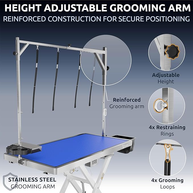 KANIS Professional Electric Dog Grooming Table - Heavy Duty, Height Adjustable Pet Grooming Table w/Leveling Wheels, Grooming Arm, Anti Slip Tabletop & Tool Organizer/Dog Grooming Station (White, 49")