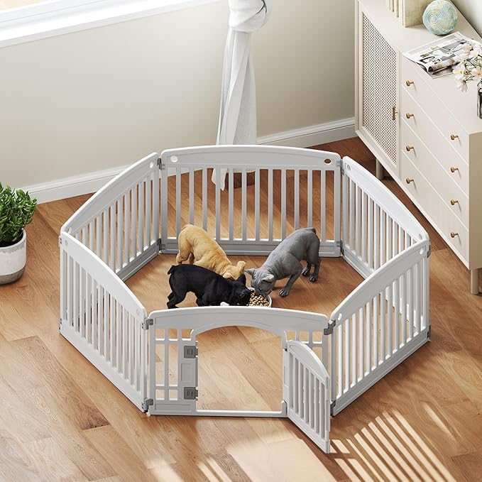 DUMOS Dog Playpen 6 Panels 24" Plastic Exercise Fence Pen with Door Small Puppy, Medium Dogs Animal Pet for Outdoor, Garden, Yard, RV Camping(White)