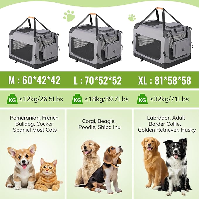 Morpilot 24-inch Portable Collapsible Dog Crate: Travel Dog Crate Soft-Sided for Small Medium Dogs up to 40lbs, with Foldable Bowl, Shoulder Strap & Storage Pockets, Grey