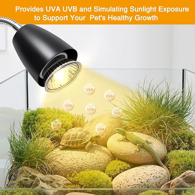 Reptile Heat Lamp with 2Pcs 50W UVA UVB Bulb, Turtle Heater Light with 360 Rotatable Basking Light with Clamp and Cycle Timer for Turtle Lizard Snake Amphibians