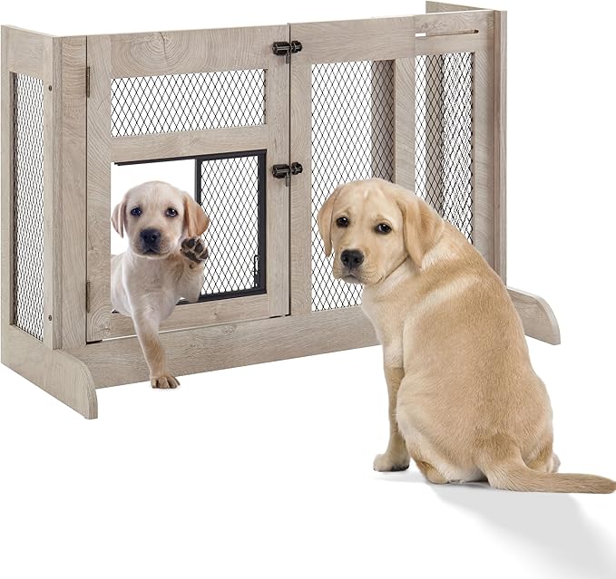 unipaws Dog Gate Indoor, Separates Puppy and Large Dogs, Walk Through Pet Gate with Dog Door, Free Standing, Adjustable 33.3-41.6 Inches Wide, Gray, Metal & Wood