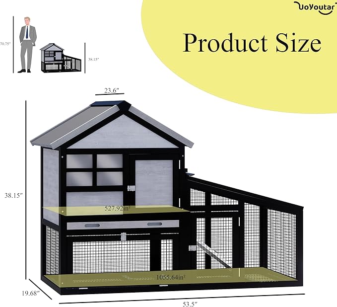 Chicken coop and activity area, dual-level rabbit cage for indoor/outdoor use, accommodates 2-3 chickens. Includes ramp and leak-proof deep-draw tray. Suitable for chicks and rabbits (black)