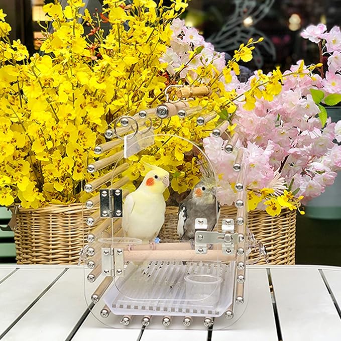 Bird Cage Lightweight Bird Carrier Acrylic Bird Travel Cage with Feeding Cups Transparent Breathable Bird Parrot Carrier for Indoor Outdoor Birdcage,
