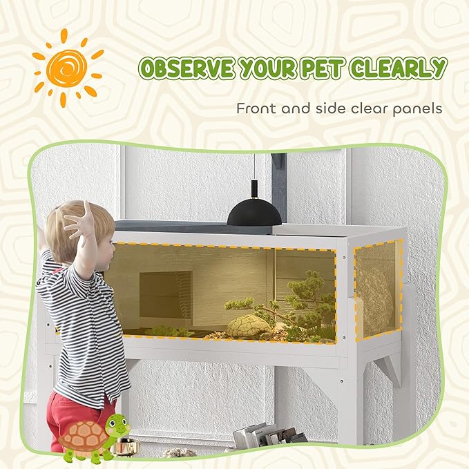 PawHut Tortoise Habitat with Storage Shelf, Wooden Tortoise Enclosure with Clear Windows, Lamp Holder, Openable Top, Built-in Tray, Reptile Cage for Indoor Outdoor Use, Gray