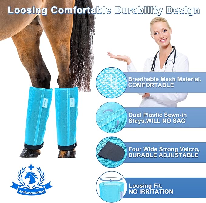 Horse Fly Boots Set of 4, Mesh Boots for Horses, Leggings for Horses, Reduce-Stomping, Breathable Mesh, Loose Fitting, Stay Up Not Sag, No Rub