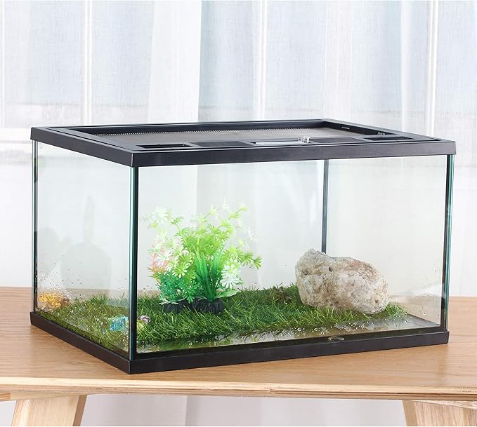 crapelles Frogs Glass Terrarium Feeding kit Tank, 15.7×11×9 inches, for Reptile Amphibians, Insect, Horned Frogs, Waterweed Prairie Style Habitat, with Green Artificial Turf Pad, Natural Volcanic Rock