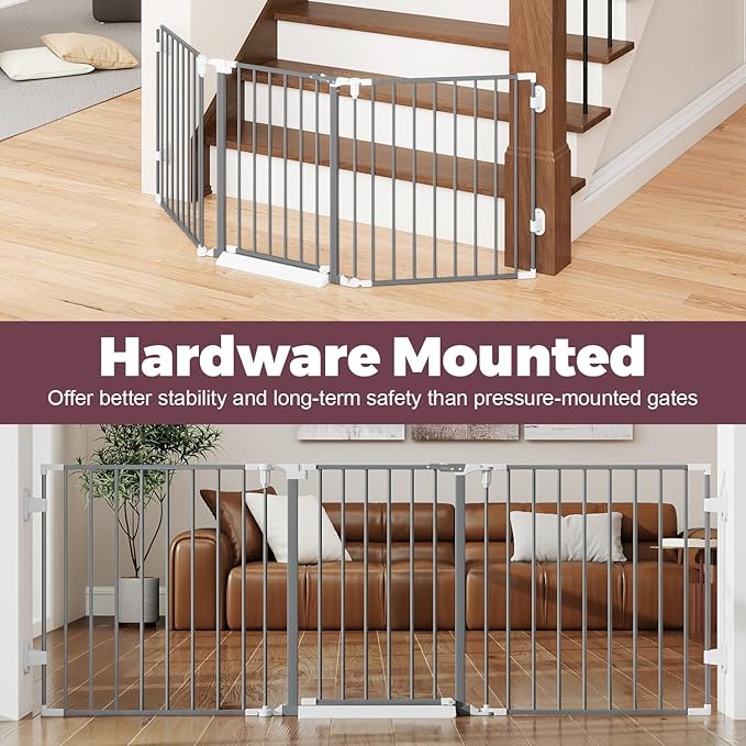 78" Extra Wide Baby Gate, Dog Gates Indoor for Doorways Stairs, Essential Safety Gate for Child, Hardware Mounted Adjustable Pet Gate with Anti-Trip Pedal, 28'' Tall 3 Metal Panels Grey