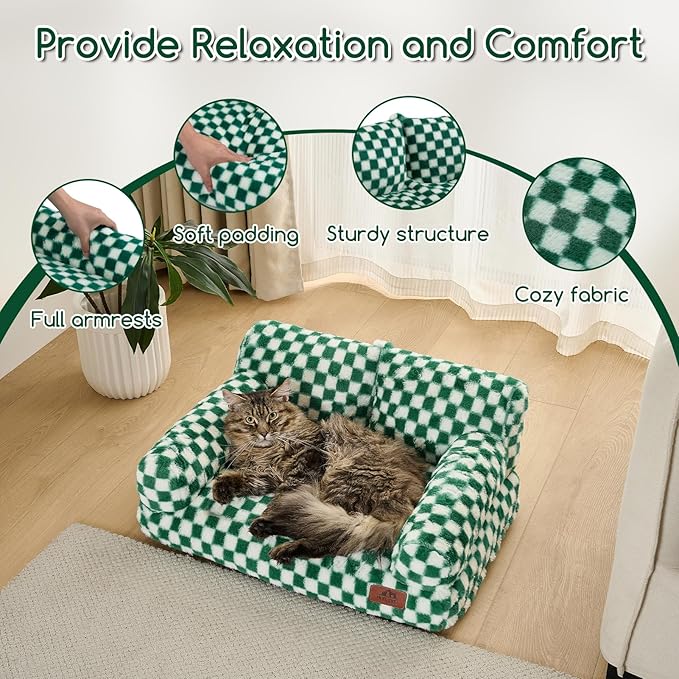 Hollypet Fluffy Dog Cat Bed Pet Couch Beds Plush Soft Warming Washable Puppy Bed for Small Medium Dogs and Large Cats, Forest Green and White, 24" L x 18" W x 10" Th