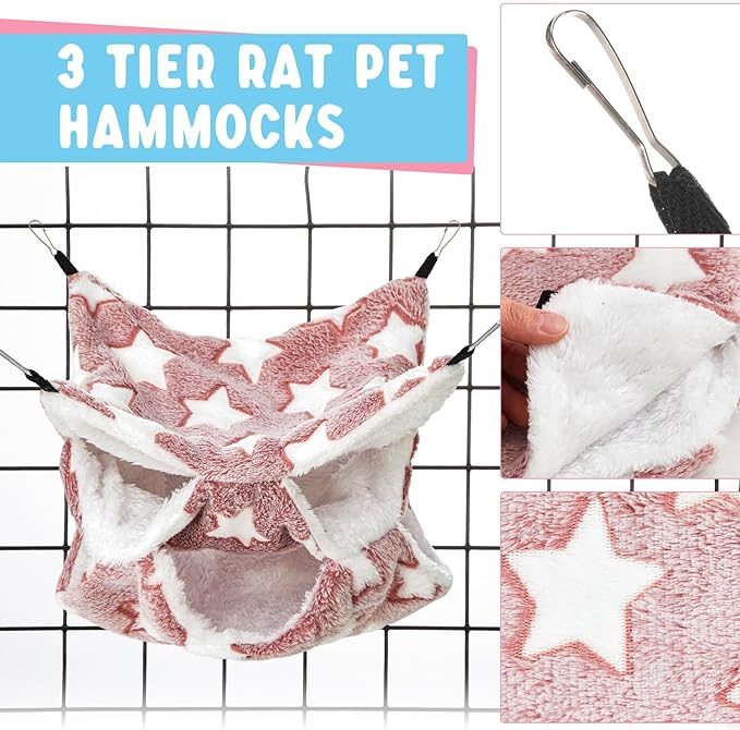 Sweetude 6 Pcs Rat Hammock Set Ferret Hanging Tunnel 3 Tier Guinea Pig Hammocks Hideout Soft Chinchilla Bed for Cage Accessories Hide,Play and Sleep (Dark Color Scheme,Star)