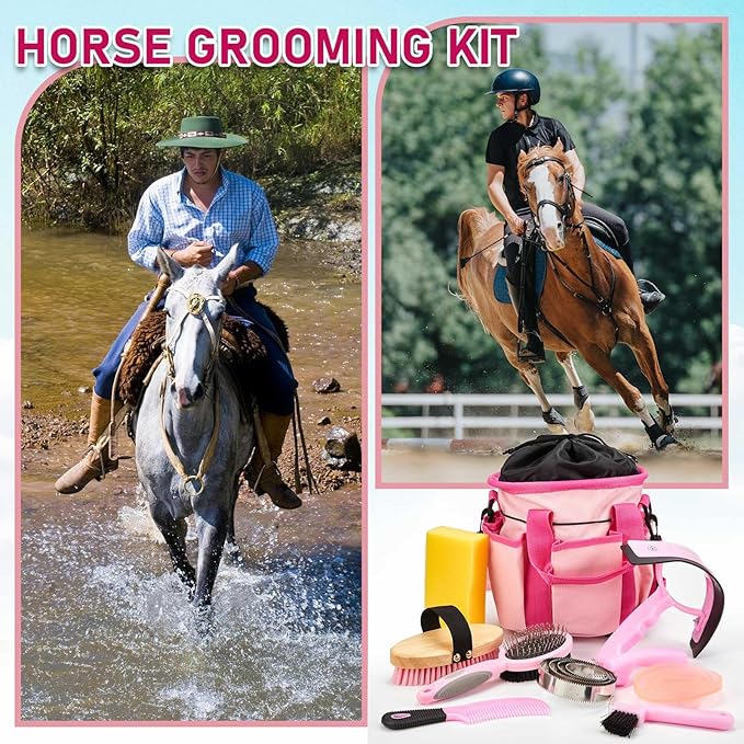 Cunhill 9 Pcs Horse Grooming Kit Tack Room Supplies Set with Tote Bag, Oval Massage Curry, Hard and Soft Brush, Hoof Pick, Sweat Scraper, Bathing Sponge, Comb for Horse Rider(Classic,Pink)
