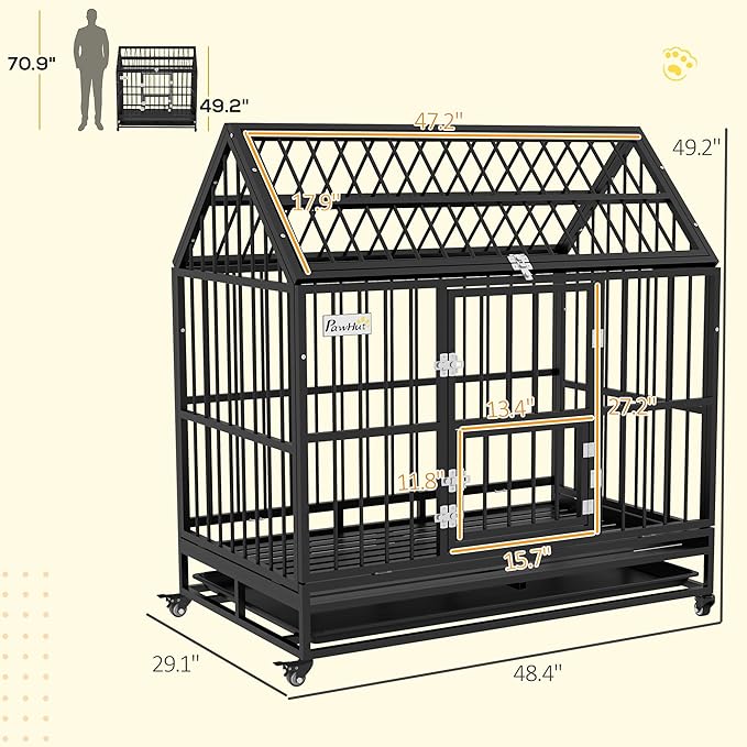 PawHut 48" Heavy Duty Dog Crate, Strong Steel Large Dog Crate with 4 Lockable Wheels, Double Doors, Openable Top and Removable Tray, for Extra Large and Large Breeds, Black