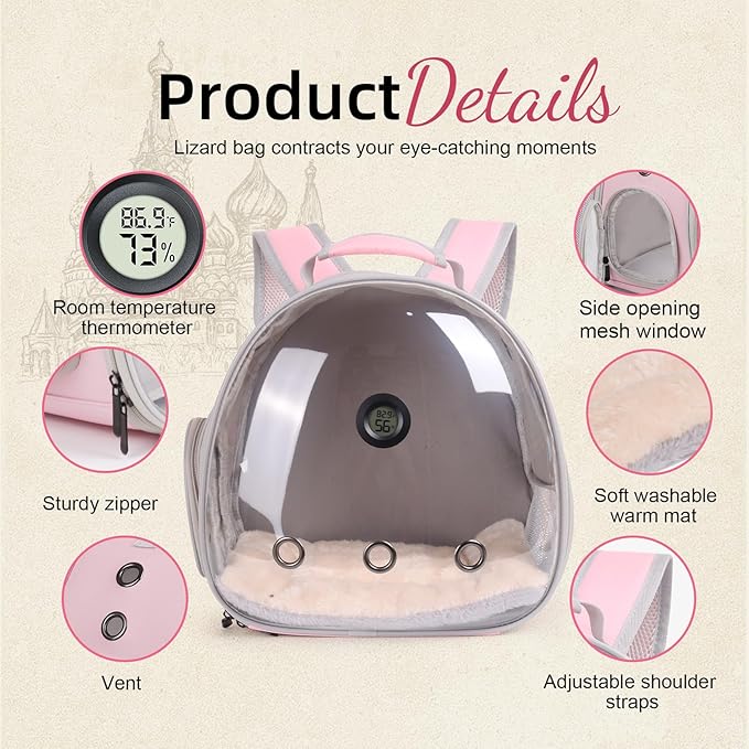 Bearded Dragon Travel Backpack Carrier with Reptile Thermometer and Humidity Gauge Lizard Travel Cage Space Capsule Clear Bubble Window Astronaut Reptile Carrier Bag for Ball Python (Pink, Backpack)