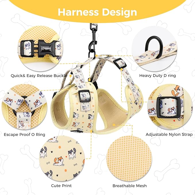 Dog Harness and Leash Collar Set with Dog Poop Bag Holder and Bandanas, Escape Proof Adjustable Puppy Cat Vest with Soft Mesh Padded, Pet Supplies for Small Medium Large Dogs Kitten(Yellow Puppy, M)