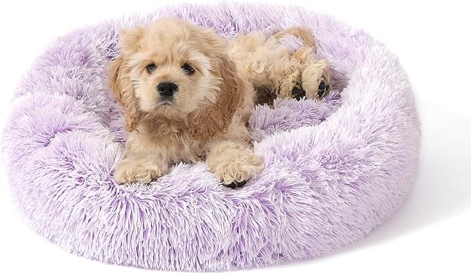 NOYAL Calming Donut Dog Bed for Small to Medium Dogs & Cats - Plush Faux Fur Anti-Anxiety Pet Bed with Machine Washable Cover & Non-Slip Base