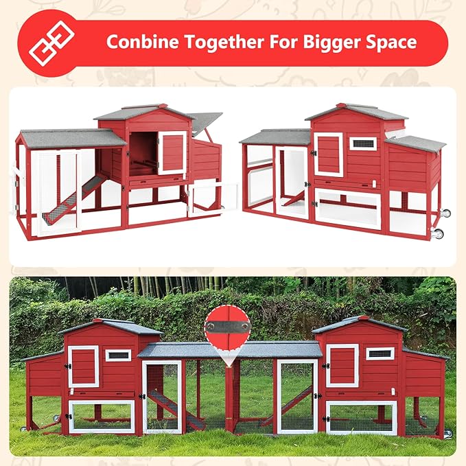 Chicken Coop for 2-3 Chickens, with Large Nesting Box, No-Slip Ramp & Pull-Out Tray, Wooden Poultry Bunny Hutch for Outdoor Indoor