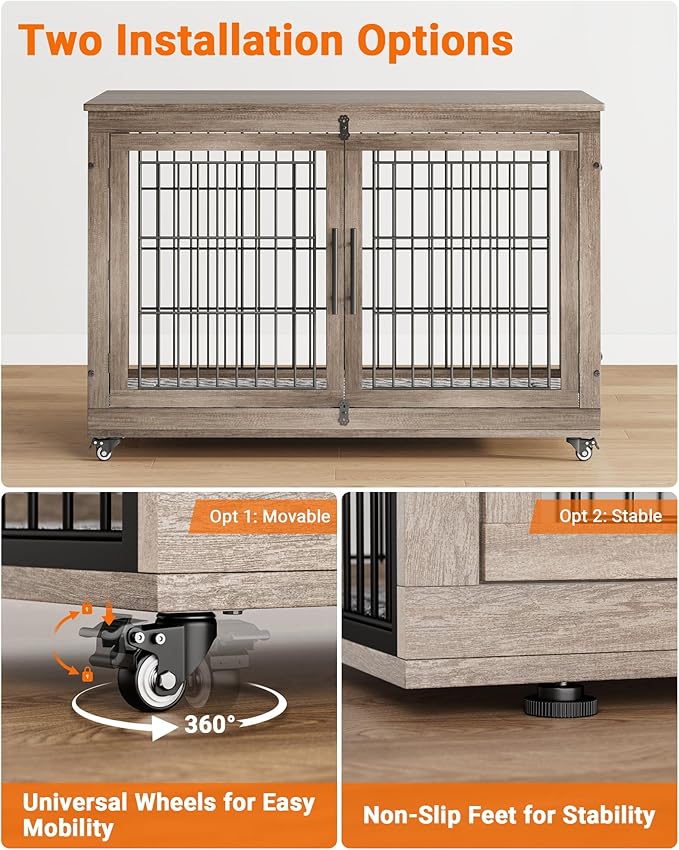 YaFiti Dog Crate Furniture with Cushion Set of 2, Wooden Dog Kennel Indoor with Double Doors, Dog Cage with Wheels, Dog House Side End Table for Large Dogs up to 85 lb, 44" L, Grey