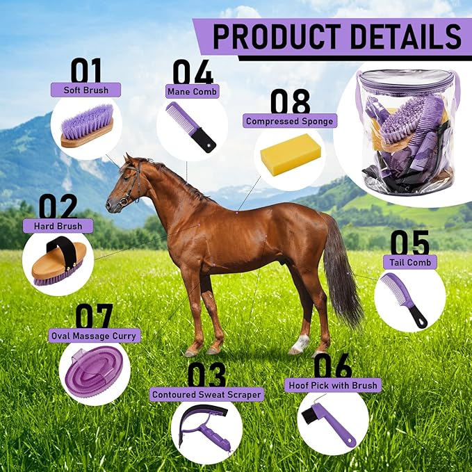 Cunhill 9 Pcs Horse Grooming Kit Tack Room Supplies Set with Tote Bag, Oval Massage Curry, Hard and Soft Brush, Hoof Pick, Sweat Scraper, Bathing Sponge, Comb for Horse Rider(Cute,Purple)
