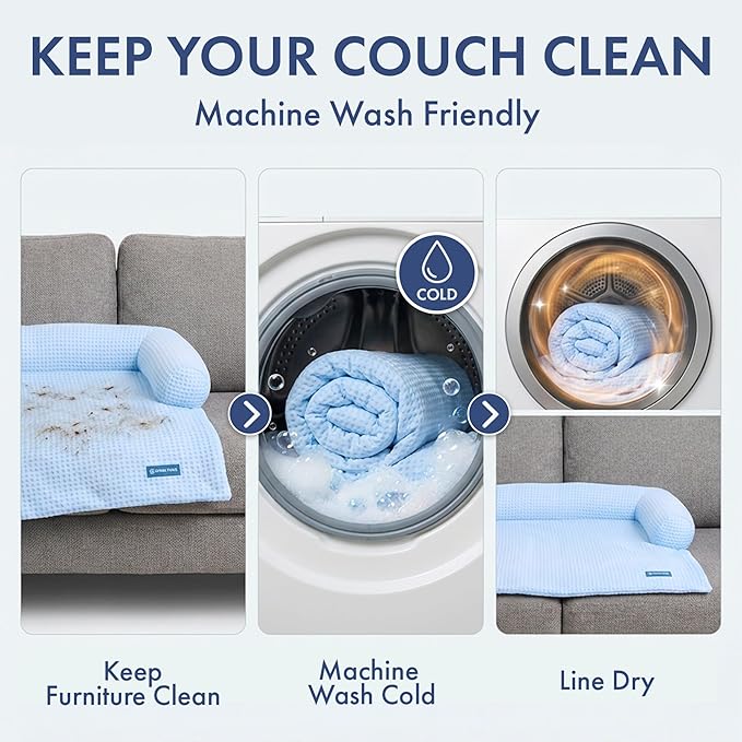 Spark Paws Cooling Couch Cover Dog Bed, Furniture Protector Mat, Non-Toxic Washable Pet Cooling Pad for Large & Small Dog - Hearts Blue - Size M