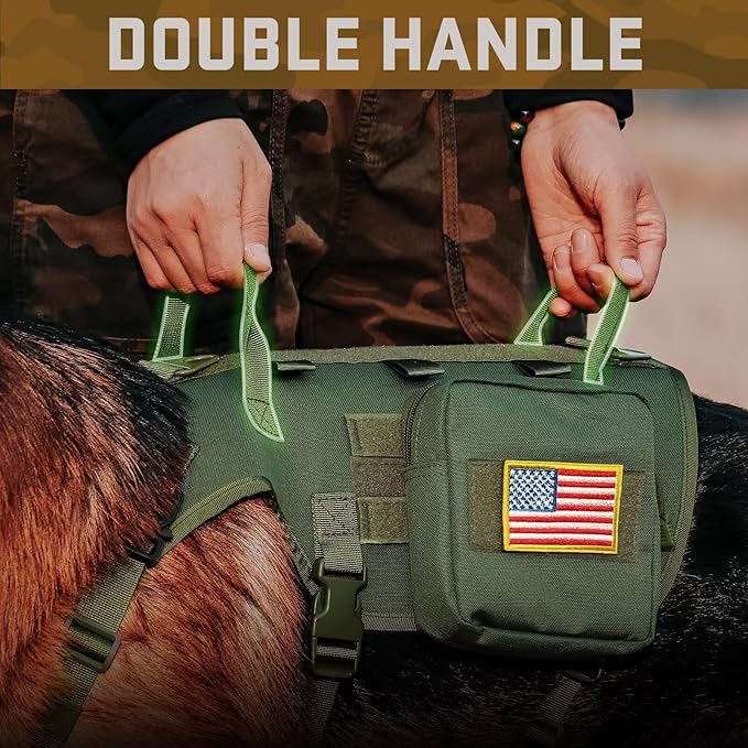 Forestpaw Tactical Dog Harness for Large Dogs,Tactical Dog Collar with Bungee Leash Set,No Pull Military Dog Harness for Walking Training,Adjustable for Medium Large Dogs,Green,Chest 15.5-25.5"