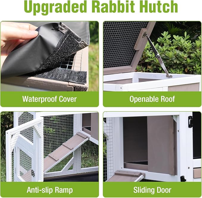 Rabbit Hutch Indoor Outdoor, 2-Story Bunny Cage with Wheels, Wooden Rabbit House with Leakproof Trays, Rain Cover, Guinea Pig Cages with Chew-Proof Ramp (Brown)