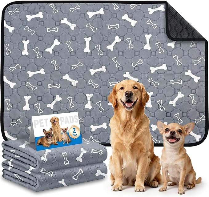 2 Pack Washable Pee Pads for Dogs, Absorbent Reusable Puppy Training Pads, Leakproof, Non-Slip, Waterproof Cat Doggie Pad Pet Potty Mat for Indoor&Outdoor, Whelping, Crate, Gray 18"x24"