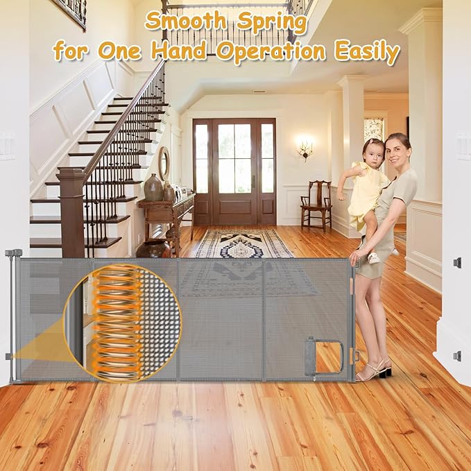 Reinforced 150 Inch Extra Wide Dog Gate with Cat Door 12.5 Ft Extra Long Baby Gates for Large Openings 33” Tall Retractable Pet Gates for Wide Openings Large Pet Gate with Cat Door, Gray
